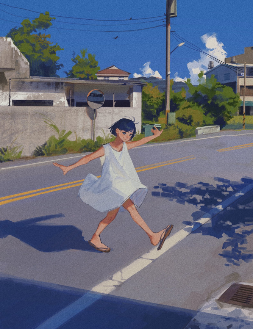 1girl, amo_(amo_0514), black_hair, blue_eyes, blue_sky, brown_sandals, building, chinese_commentary