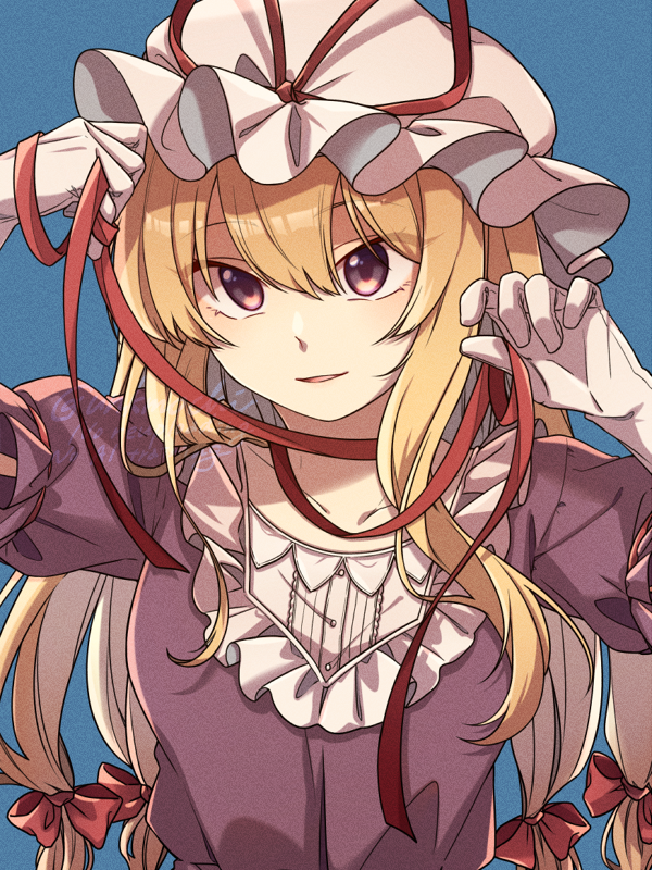 1girl, blonde_hair, blue_background, bow, dress, elbow_gloves, gloves, hair_between_eyes