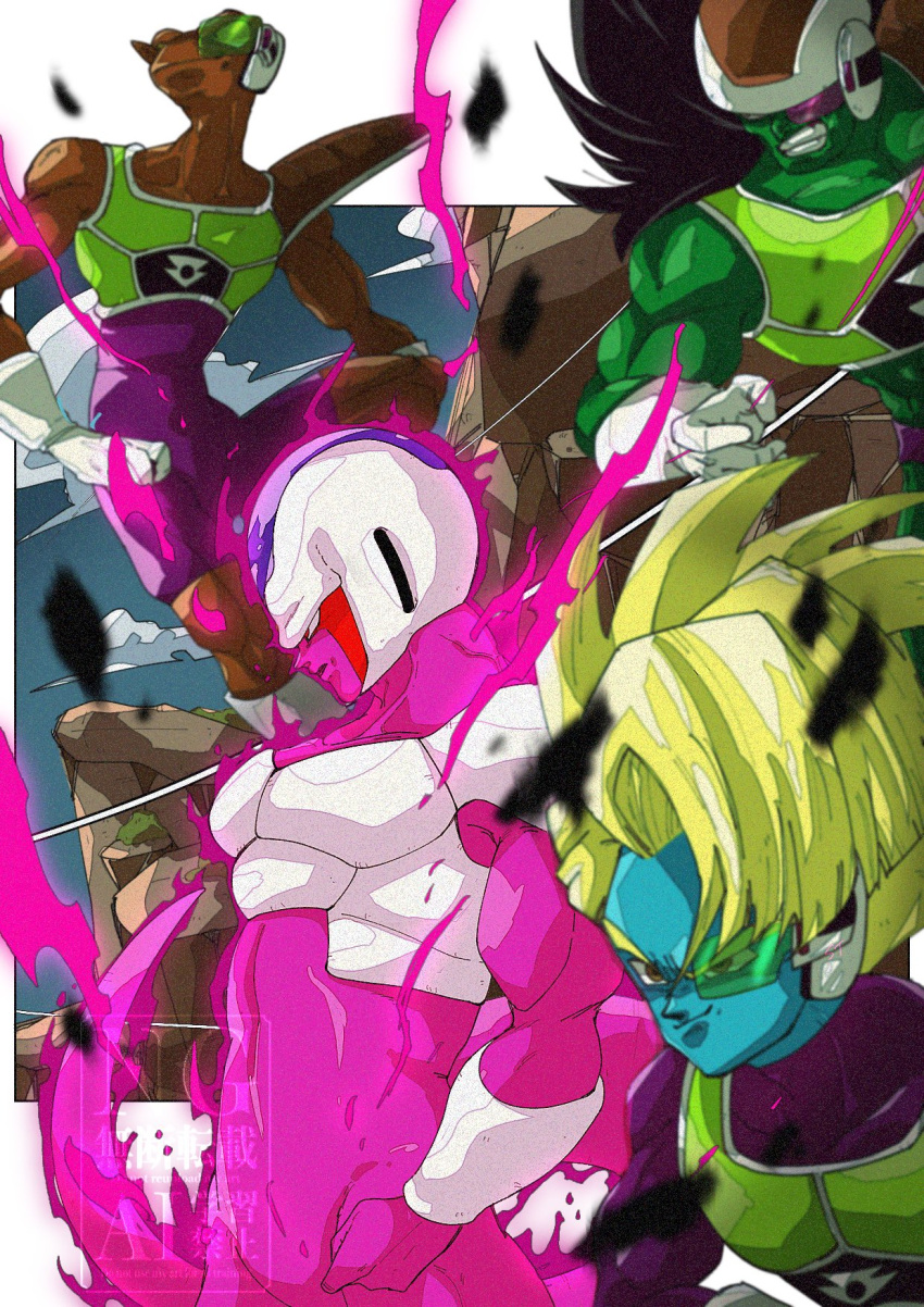 4boys, armor, aura, black_hair, blonde_hair, blue_skin, bodysuit, colored_skin, cooler_(dragon_ball), doore, dragon_ball, dragon_ball_z, green_armor, green_skin, group_picture, highres, long_hair, male_focus, multiple_boys, neiz, no_eyebrows, purple_bodysuit, purple_skin, saiyan_armor, salza, scouter, stktik09060906
