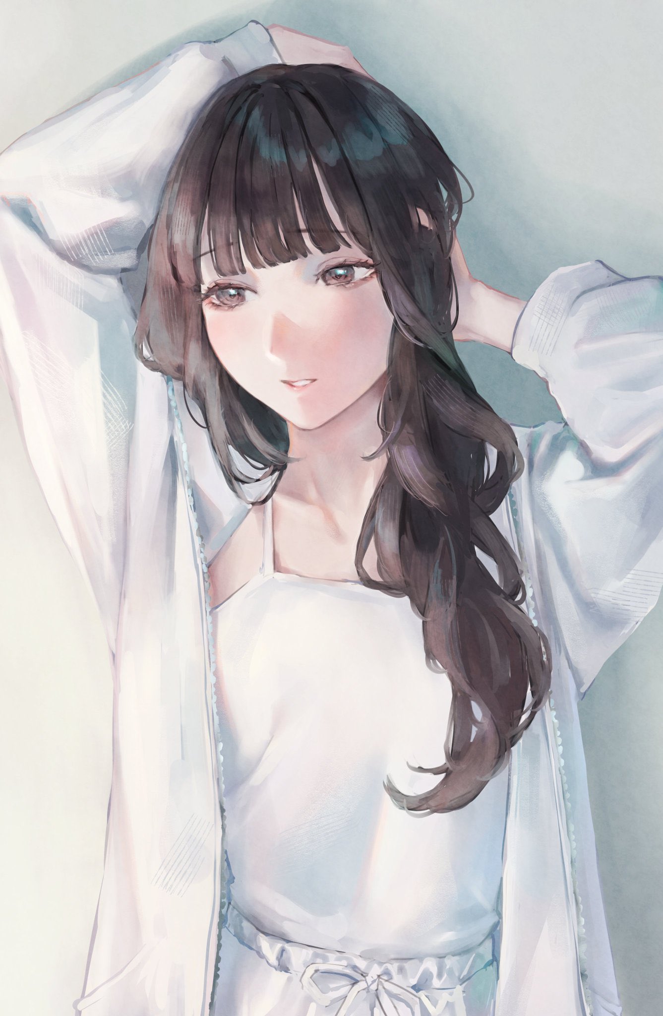 1girl, animification, arms_up, blunt_bangs, brown_eyes, brown_hair, collarbone, commentary_request, dress, highres, jacket, kan_kanna, long_hair, long_sleeves, open_clothes, open_jacket, parted_lips, raised_inner_eyebrows, real_life, saidamoosu, sleeveless, sleeveless_dress, solo, spaghetti_strap, upper_body, voice_actor, wavy_hair, white_dress, white_jacket