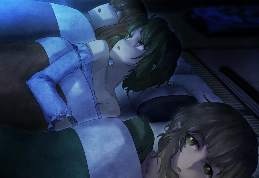 1boy, 2girls, amane_suzuha, amane_suzuha_(beta), bed, black_hair, blanket, bob_cut