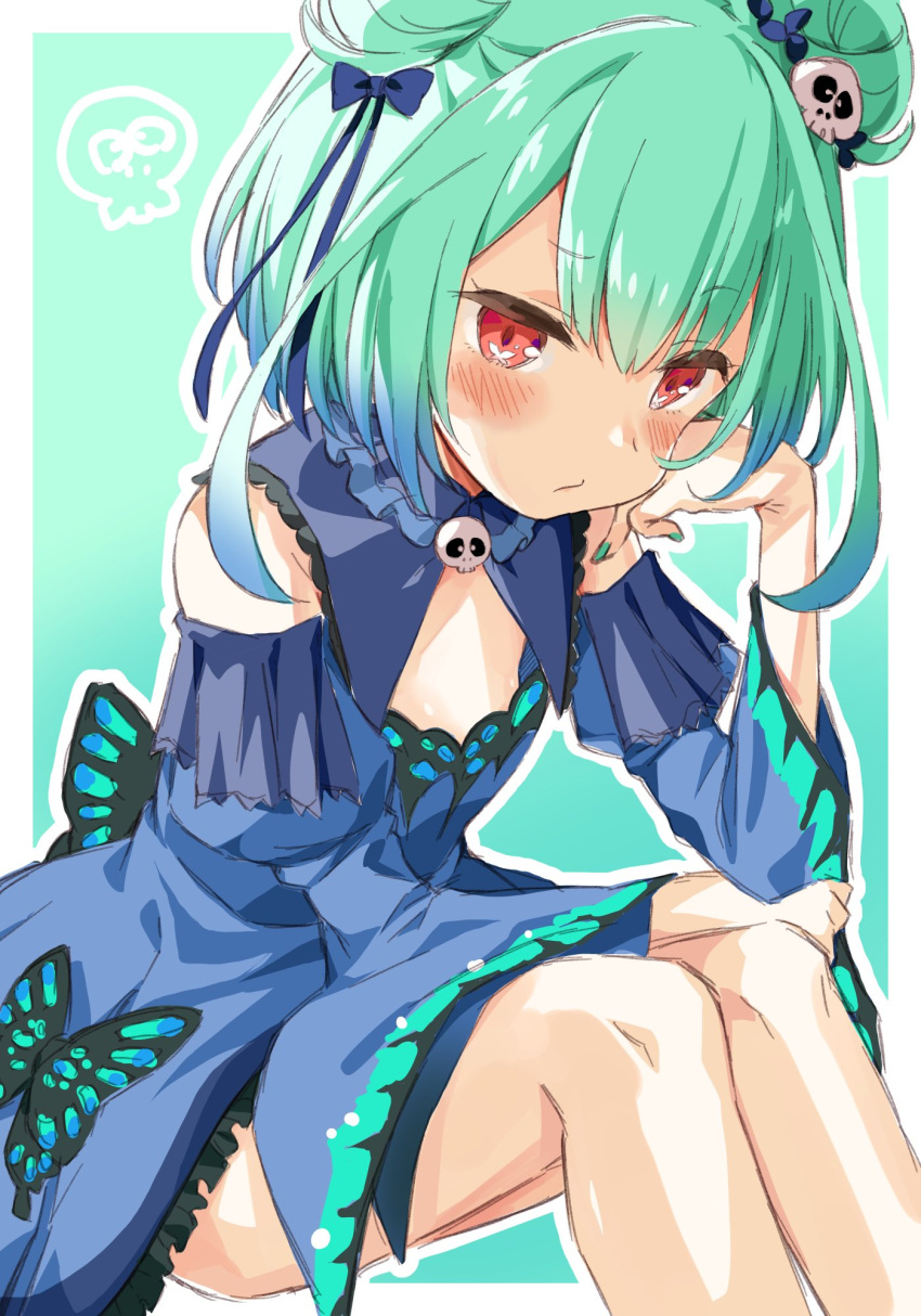animal_print, blue_butterfly, blue_dress, blue_sleeves, blush, breasts, bug, butterfly