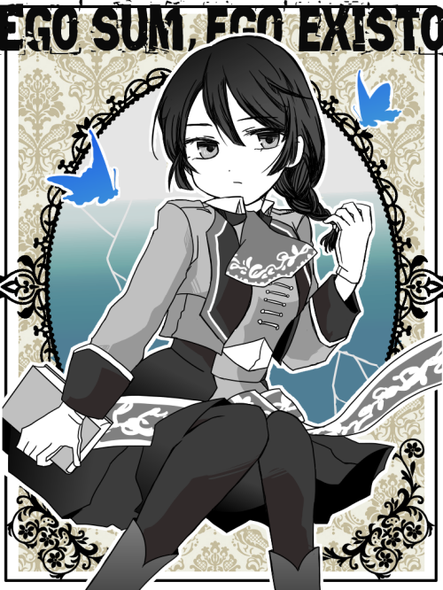 1girl, alter_ego_(game), black_eyes, black_hair, blue_butterfly, book, boots, braid
