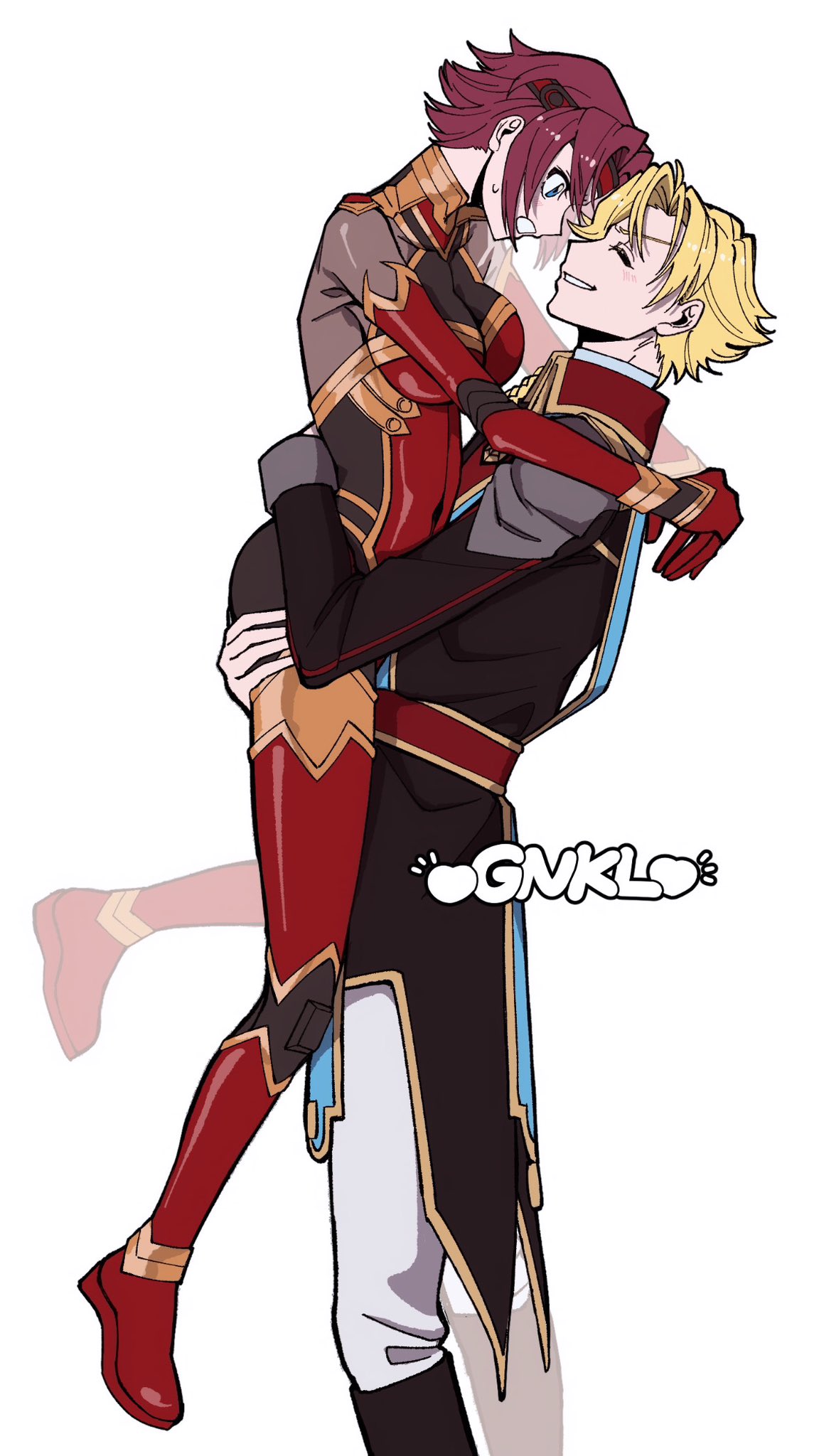 1boy, 1girl, armpit_crease, artist_name, bad_id, bad_twitter_id, blonde_hair, carrying
