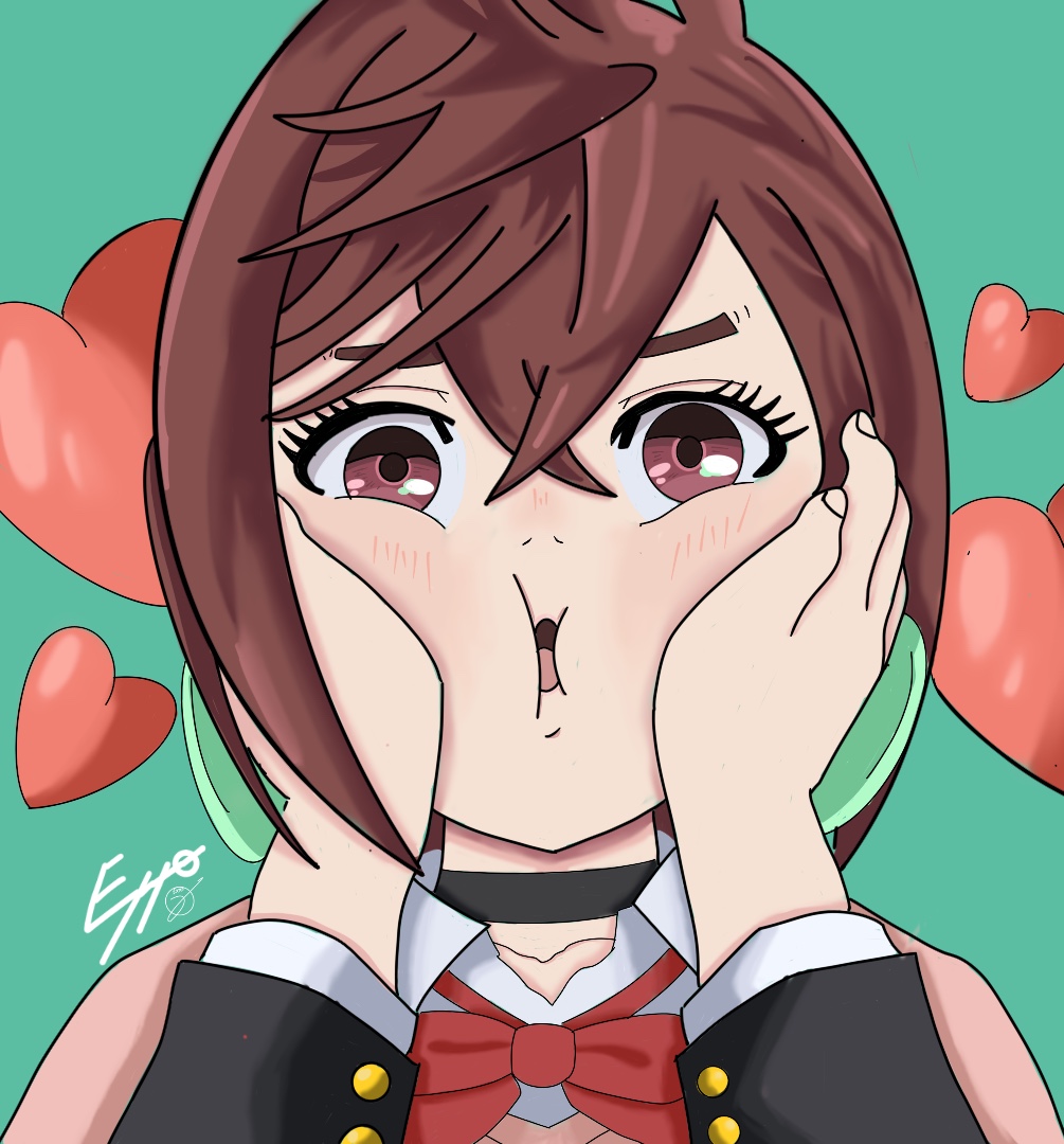 1boy, 1girl, ayase_momo, black_choker, blush, bow, bowtie, brown_eyes, brown_hair, choker, collared_shirt, dandadan, earrings, english_commentary, exxo_mck, gakuran, green_background, hair_between_eyes, hands_on_another's_cheeks, hands_on_another's_face, heart, heart_background, jewelry, looking_at_viewer, open_mouth, pink_sweater, pov, pov_hands, red_bow, red_bowtie, school_uniform, shirt, short_hair, signature, squeezing_cheeks, sweater, takakura_ken_(dandadan), upper_body, white_shirt