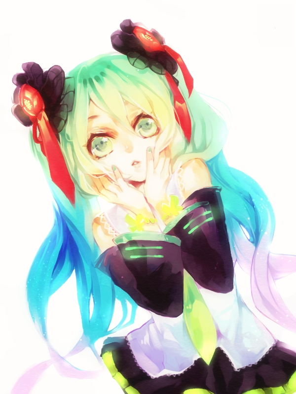aqua_eyes, aqua_hair, detached_sleeves, flower, hair_flower, hair_ornament, hatsune_miku, long_hair, mizzun_(mizuyomi), necktie, simple_background, skirt, solo, twintails, very_long_hair, vocaloid