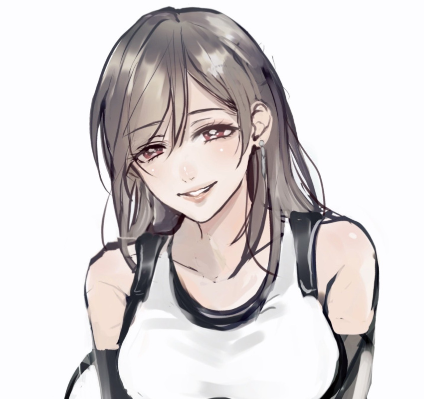 1girl, bare_shoulders, black_gloves, black_hair, blush, collarbone, commentary_request, crop_top, earrings, elbow_gloves, final_fantasy, final_fantasy_vii, final_fantasy_vii_rebirth, final_fantasy_vii_remake, gloves, gogochi55, hair_between_eyes, highres, jewelry, long_hair, looking_at_viewer, parted_lips, pink_lips, red_eyes, smile, solo, straight-on, suspenders, tank_top, tifa_lockhart, upper_body, white_background, white_tank_top