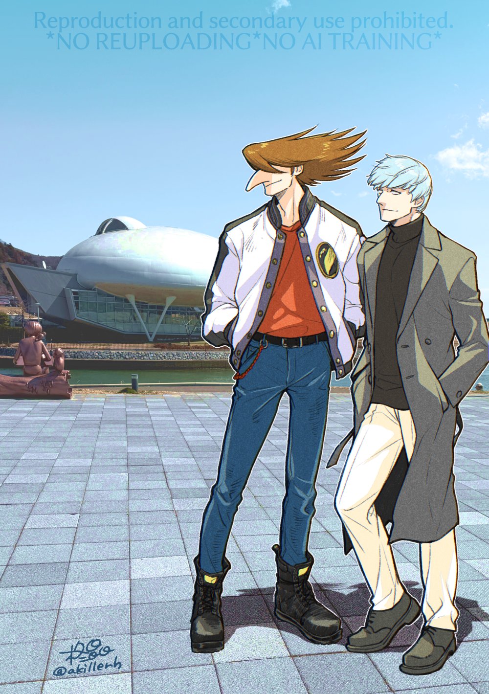 2boys, albert_heinrich, big_nose, black_shirt, blue_pants, blue_sky, coat, cyborg