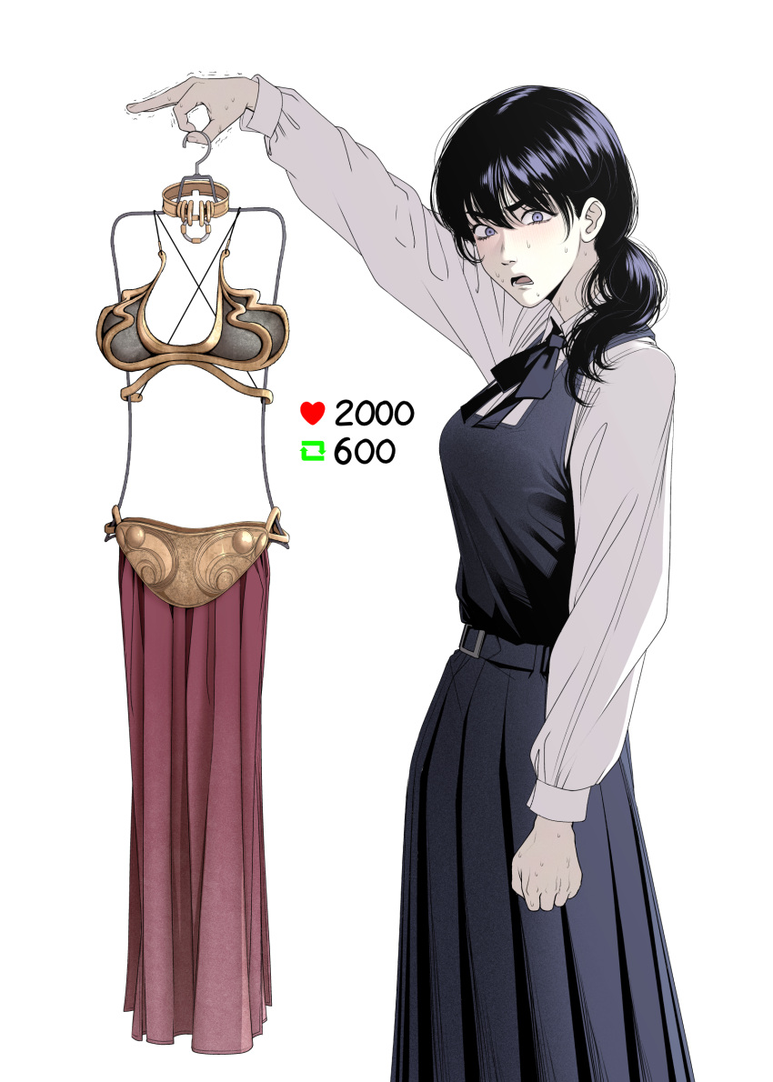 1girl, absurdres, bikini, black_hair, chainsaw_man, clothes_hanger, commentary, dress, english_commentary, fourth_east_high_school_uniform, highres, holding, holding_clothes_hanger, kusujinn, like_and_retweet, long_hair, mitaka_asa, nervous, nervous_sweating, pinafore_dress, school_uniform, sleeveless, sleeveless_dress, solo, sweat, swimsuit, unworn_bikini, white_background
