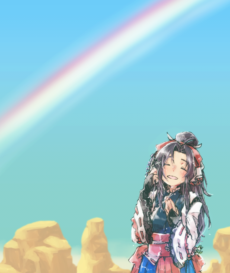 1girl, another_eden, black_bridal_gauntlets, blue_kimono, blue_sky, blush, bridal_gauntlets, closed_eyes