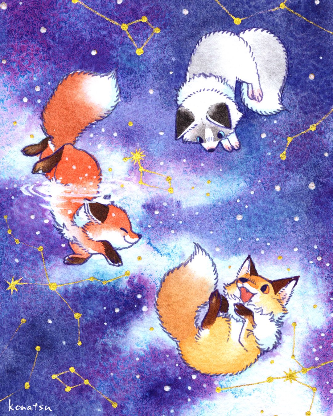 animal, animal_focus, artist_name, blue_eyes, commentary_request, constellation, fangs, fluffy