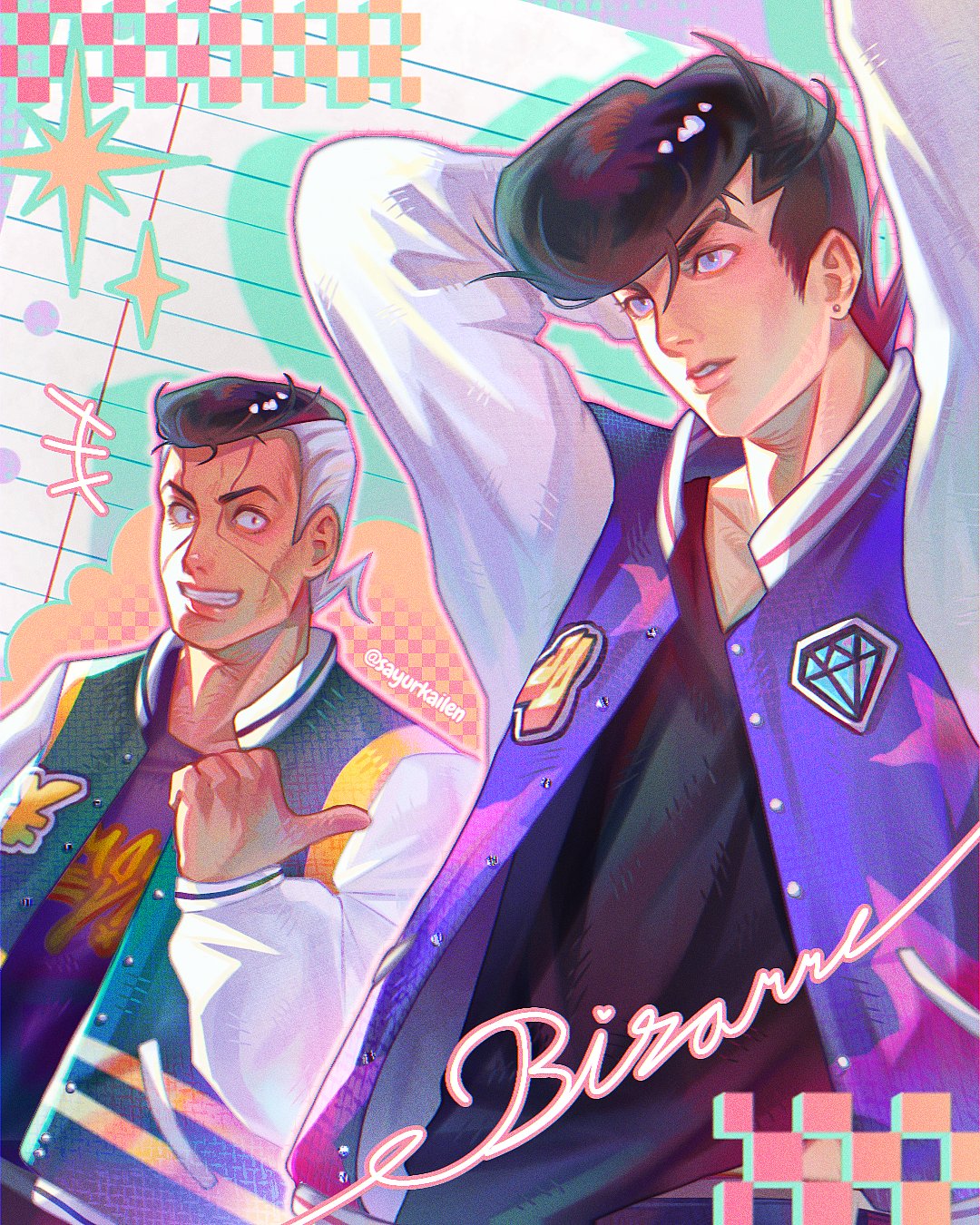 2boys, arm_up, arms_behind_head, black_hair, black_shirt, blue_eyes, commentary, diamond_print, diamond_wa_kudakenai, earrings, english_text, facial_mark, green_jacket, grey_hair, grin, higashikata_josuke, high_collar, highres, jacket, jewelry, jojo_no_kimyou_na_bouken, letterman_jacket, long_sleeves, male_focus, multicolored_hair, multiple_boys, nijimura_okuyasu, open_clothes, open_jacket, parted_lips, pointing, pompadour, purple_jacket, sayurkailen, shirt, smile, stud_earrings, teeth, thumbs_up, two-tone_hair, upper_body, violet_eyes, white_sleeves, yen_sign