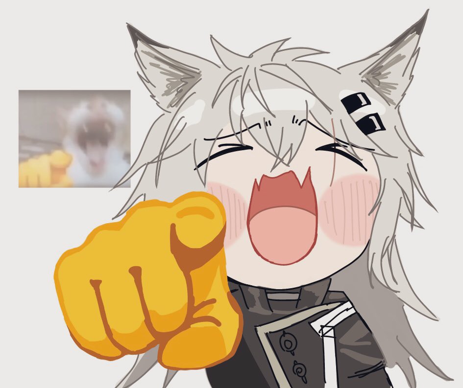 1girl, animal_ears, arknights, black_jacket, blush_stickers, chibi, closed_eyes, emoji, grey_hair, hair_between_eyes, hair_ornament, hairclip, jacket, lappland_(arknights), laughing, laughing_cat_pointing_at_you_(meme), long_hair, long_sleeves, meme, mirinkoronba2, no_nose, open_mouth, photo_inset, pointing, pointing_at_viewer, scar, scar_across_eye, scar_on_face, simple_background, solo, upper_body, white_background, wide_mouth, wolf_ears, wolf_girl
