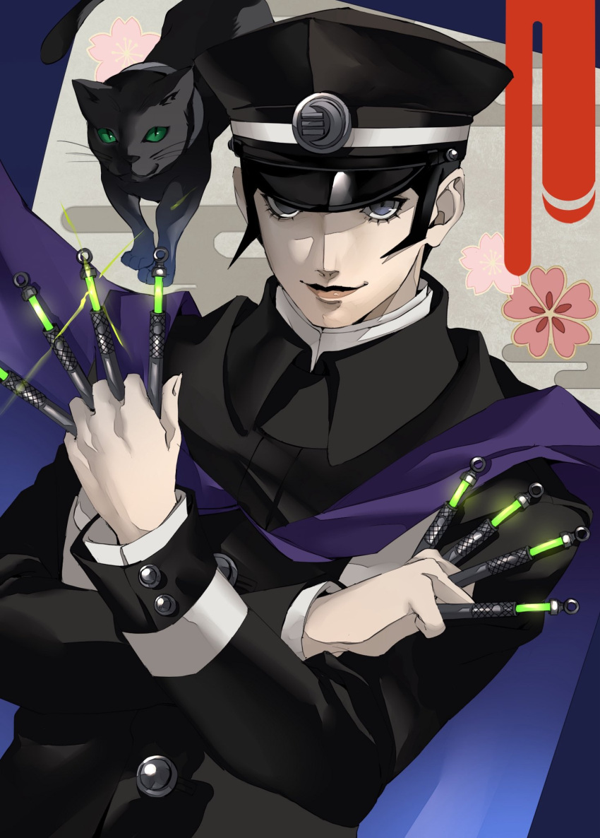 1boy, black_cat, black_hair, black_hat, cape, cat, devil_summoner:_raidou_kuzunoha_vs_the_soulless_army, devil_summoner_(series)