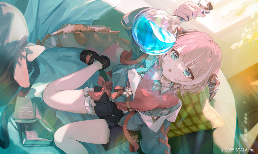 1girl, :o, aqua_eyes, arm_up, black_shoes, black_skirt, blue_jacket, book
