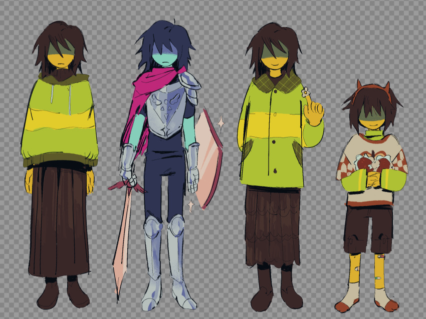 1other, adapted_costume, blue_skin, cape, checkered_background, colored_skin, deltarune, expressionless, fake_horns, full_body, hair_over_eyes, highres, holding, holding_sword, holding_weapon, hood, hoodie, horns, kris_(dark_world)_(deltarune), kris_(deltarune), long_skirt, morick, multiple_persona, partially_shaded_face, pink_cape, shield, skirt, smile, socks, sticker, sword, weapon