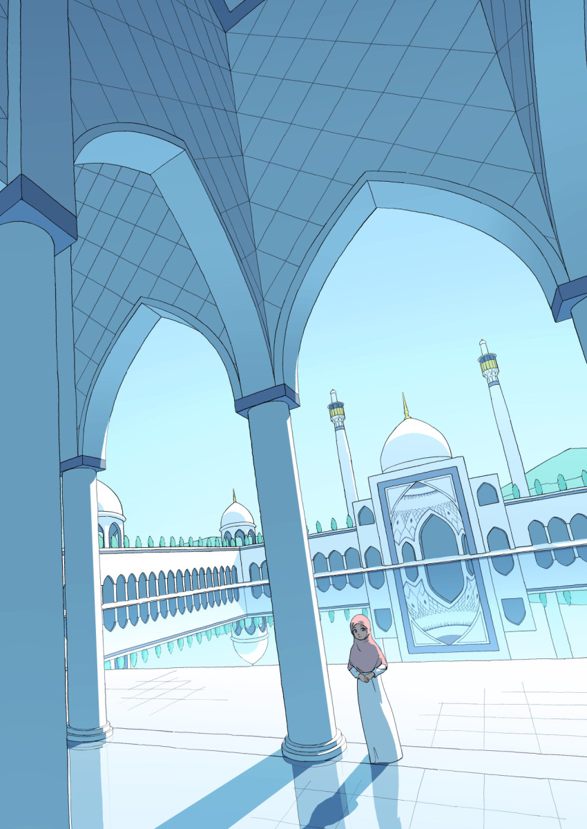 1girl, akabane_1999, dress, highres, hijab, long_sleeves, looking_at_viewer, morning