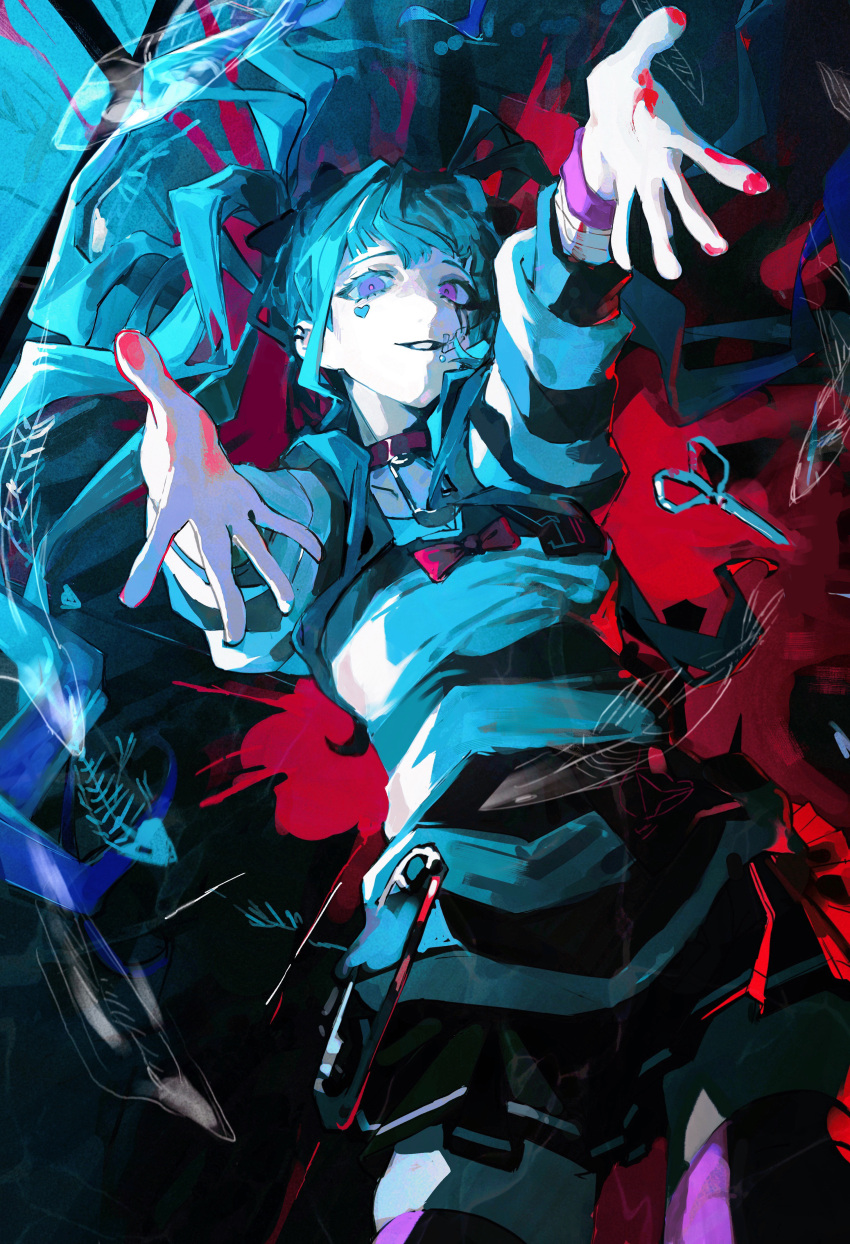 1girl, absurdres, amemiya_darumi, black_shirt, black_skirt, blue_hair, bow, collar