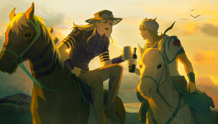 2boys, beanie, beard, bird, blonde_hair, blue_eyes, bottle, bridal_gauntlets