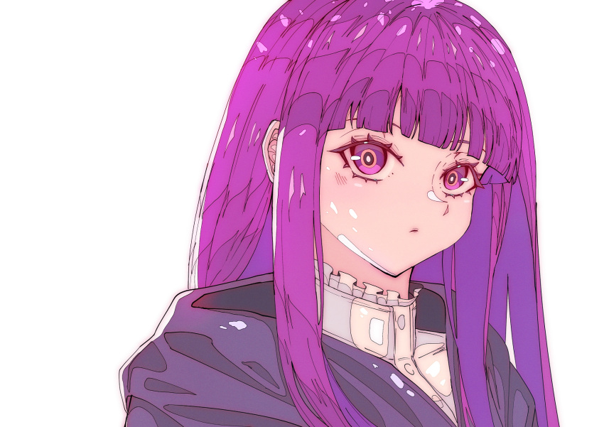 1girl, artdroiiid_ii, black_coat, blunt_bangs, bright_pupils, closed_mouth, coat, collared_dress