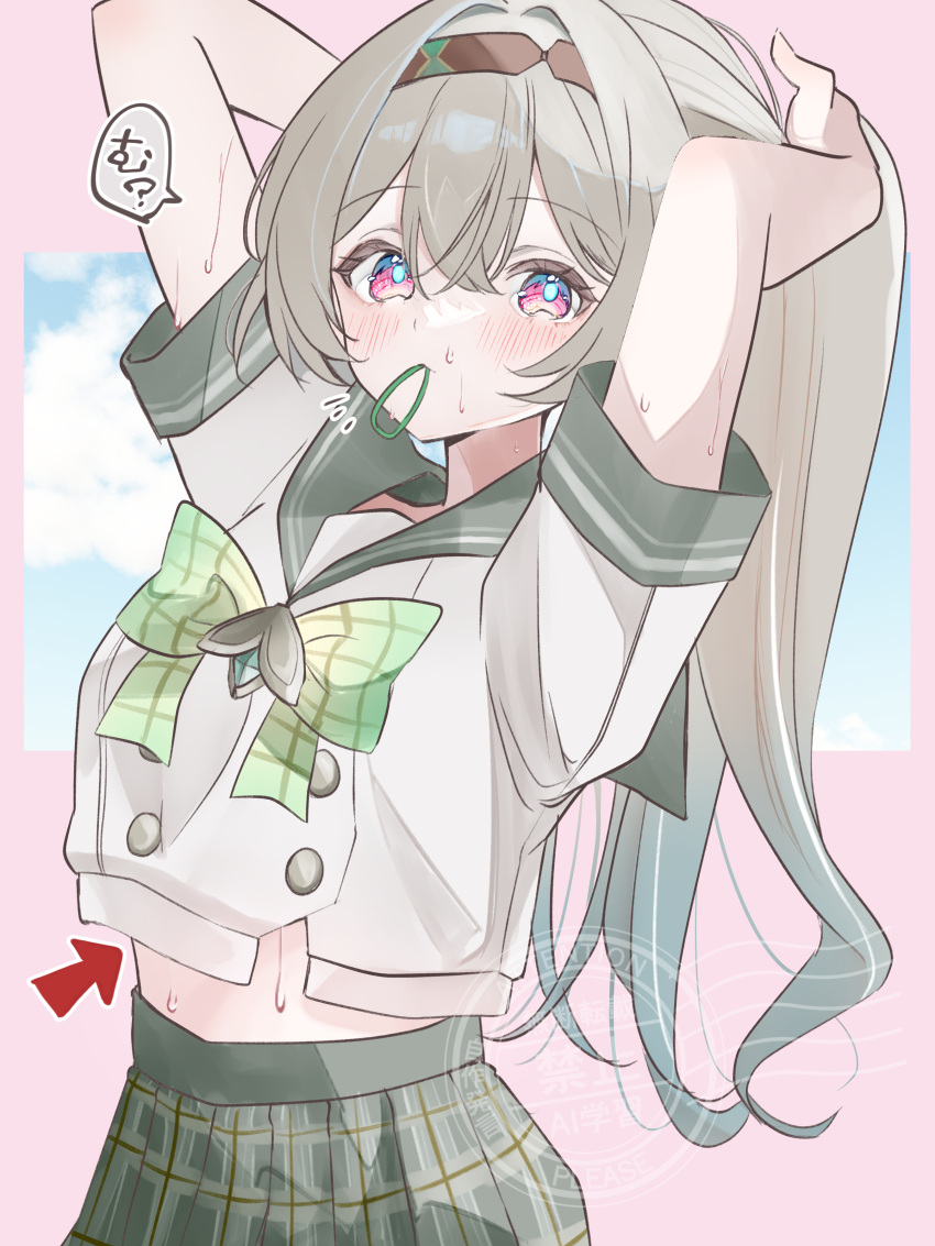 1girl, absurdres, black_hairband, blue_pupils, bow, bowtie, buttons, chicanaction, commentary_request, double-breasted, firefly_(honkai:_star_rail), firefly_(spring_missive)_(honkai:_star_rail), gradient_hair, green_bow, green_bowtie, green_hair, grey_hair, grey_sailor_collar, hair_tie_in_mouth, hairband, highres, honkai:_star_rail, honkai_(series), long_hair, looking_at_viewer, midriff, mouth_hold, multicolored_hair, official_alternate_costume, plaid_bow, plaid_bowtie, plaid_clothes, pleated_skirt, sailor_collar, school_uniform, shirt, short_sleeves, skirt, solo, translation_request, two-tone_hair, tying_hair, violet_eyes, watermark, white_shirt