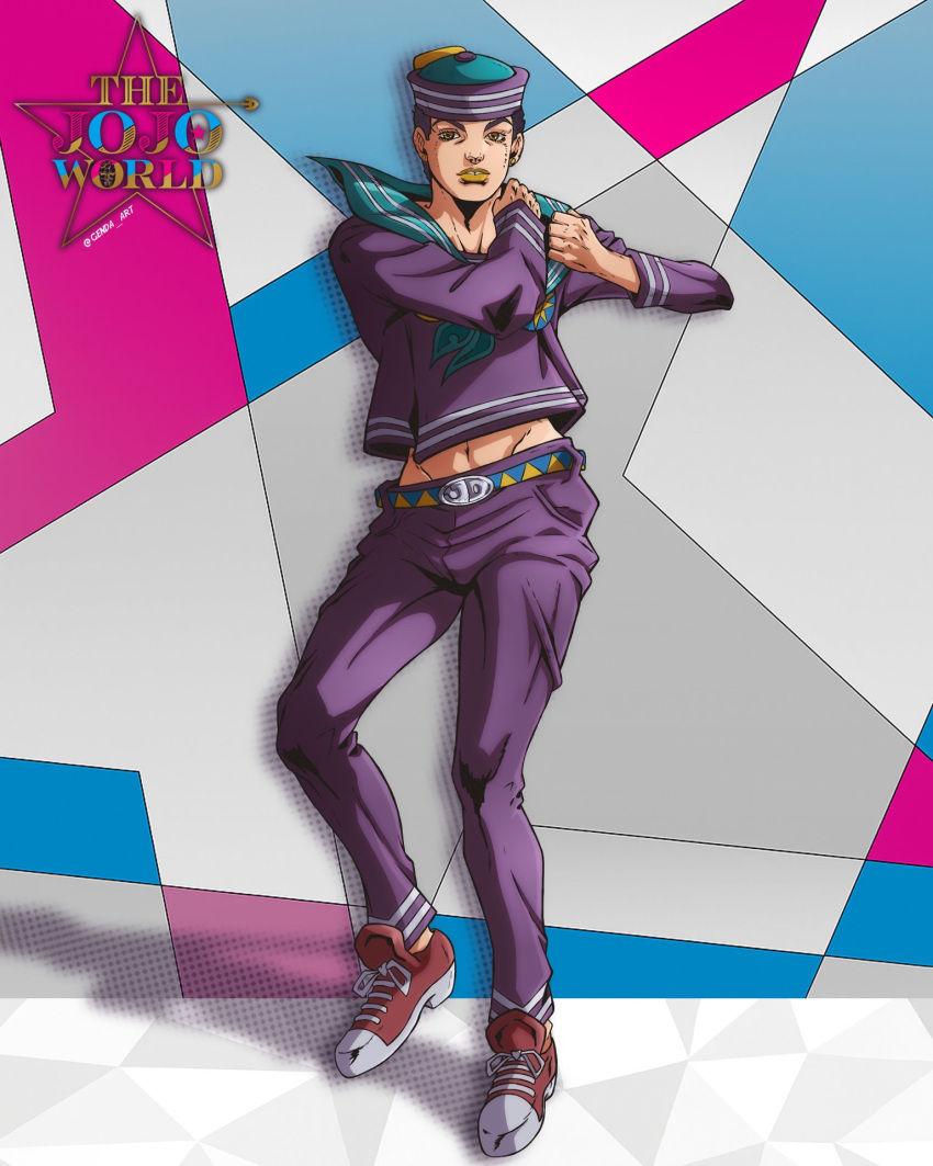 1boy, anime_coloring, araki_hirohiko_(style), belt, belt_buckle, black_hair, blue_belt, blue_hat