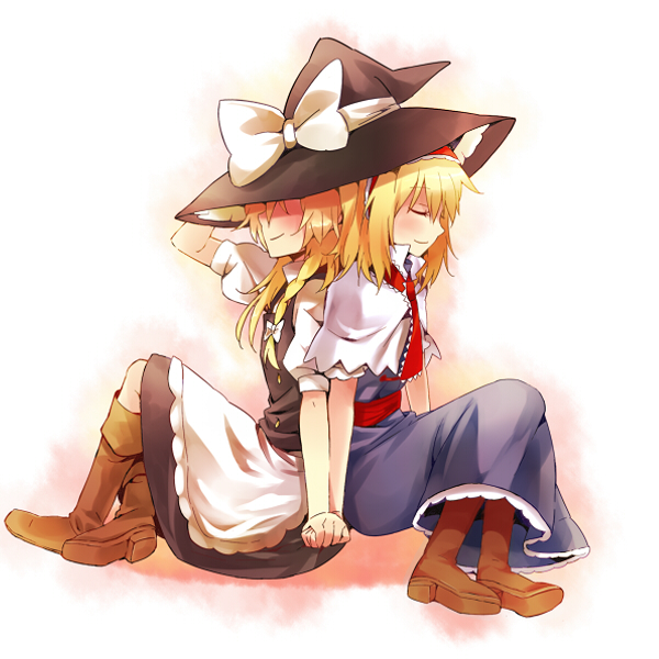 alice_margatroid, blonde_hair, blush, boots, braid, closed_eyes, eyes_closed, hairband