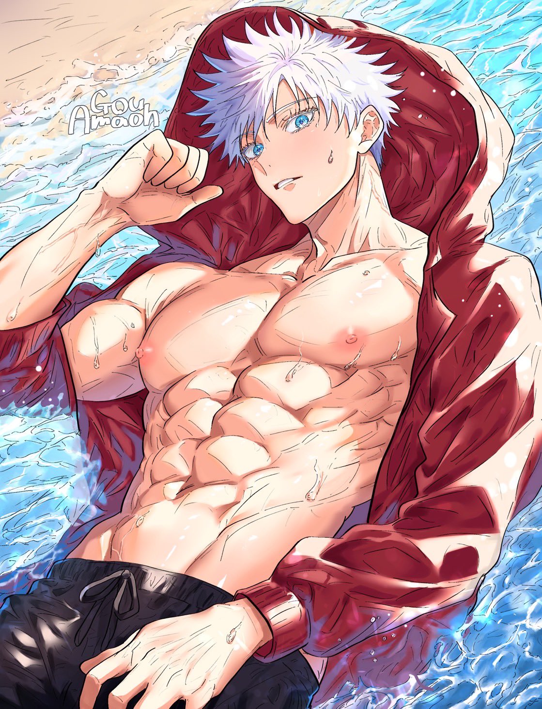 1boy, abs, alternate_costume, amaoh_lv50, black_pants, blue_eyes, colorized, gojou_satoru, highres, jacket, jujutsu_kaisen, long_sleeves, looking_at_viewer, male_focus, muscular, muscular_male, nipples, open_clothes, open_jacket, pants, pectorals, red_jacket, short_hair, solo, teeth, veiny_crotch, water, wet, white_hair