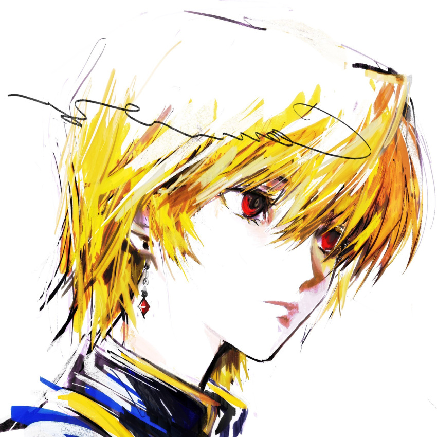 1boy, androgynous, blonde_hair, closed_mouth, collared_shirt, earrings, eyelashes, gou_tou21081
