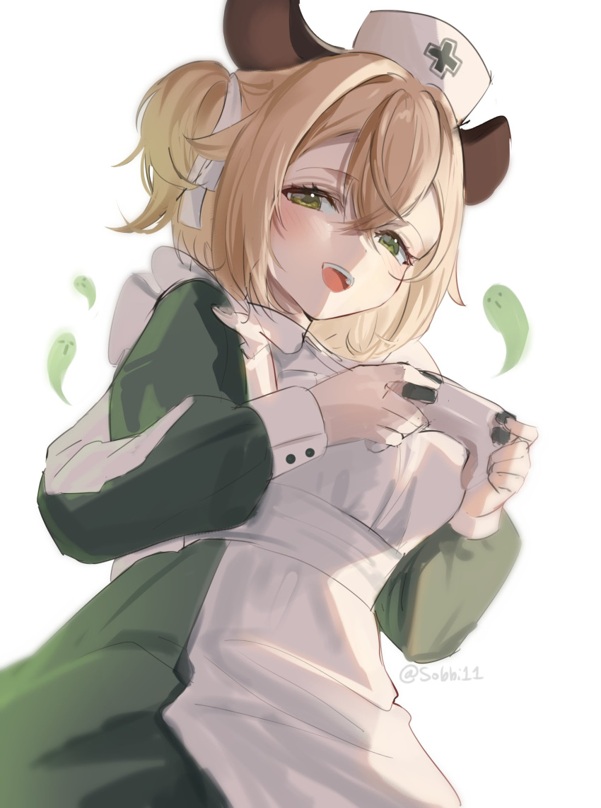 1girl, animal_ears, apron, brown_hair, controller, dress, game_controller, green_dress