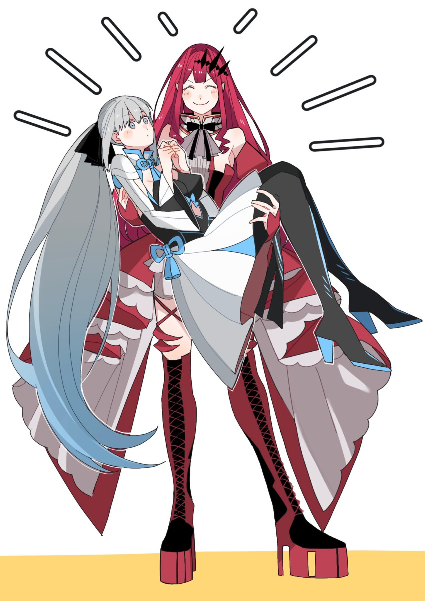 2girls, baobhan_sith_(fate), baobhan_sith_(first_ascension)_(fate), black_bow, black_thighhighs, blue_eyes, blush, bow