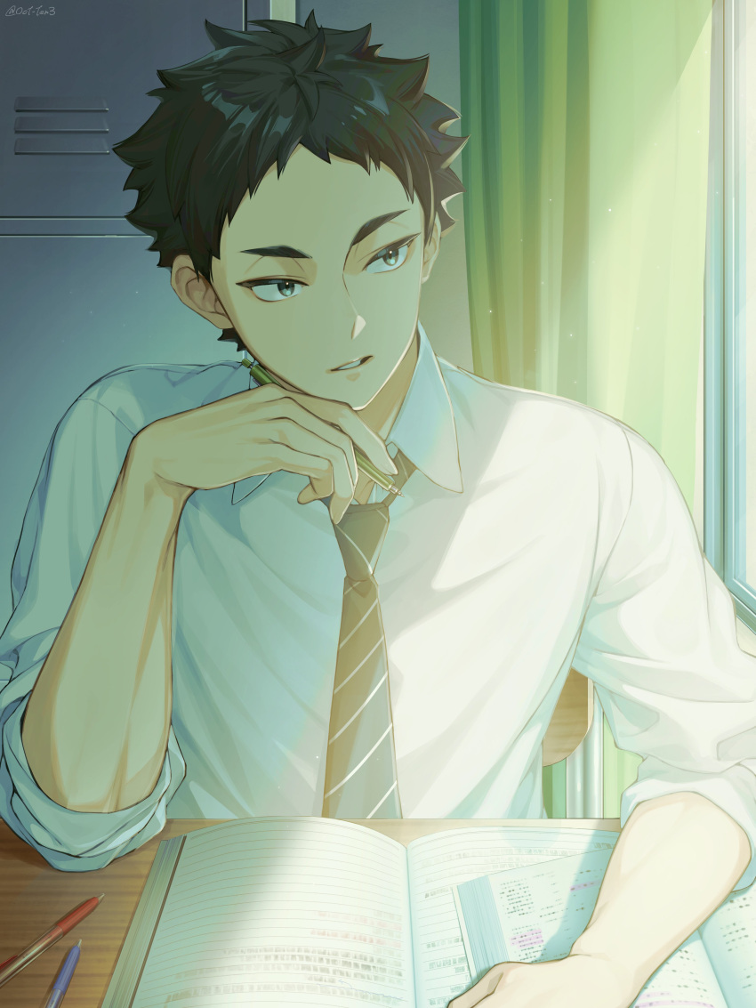 1boy, absurdres, akaashi_keiji, black_hair, black_necktie, blue_eyes, collared_shirt, diagonal-striped_clothes, diagonal-striped_necktie, haikyuu!!, hand_on_own_chin, head_rest, highres, holding, looking_to_the_side, male_focus, necktie, oct_ten3, shirt, short_hair, sitting, sleeves_pushed_up, solo, striped_clothes, teeth, twitter_username, upper_body, white_shirt
