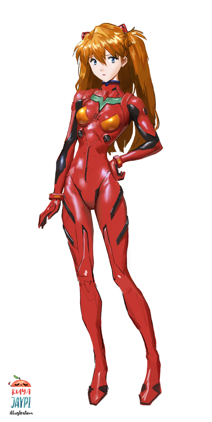 1girl, absurdres, artist_name, blue_eyes, bodysuit, breasts, commentary, english_commentary, hair_between_eyes, highres, interface_headset_(evangelion), kuya_jaypi, long_hair, mecha_pilot_suit, neon_genesis_evangelion, orange_hair, plugsuit_(evangelion), red_bodysuit, simple_background, solo, souryuu_asuka_langley, twintails, two_side_up, white_background