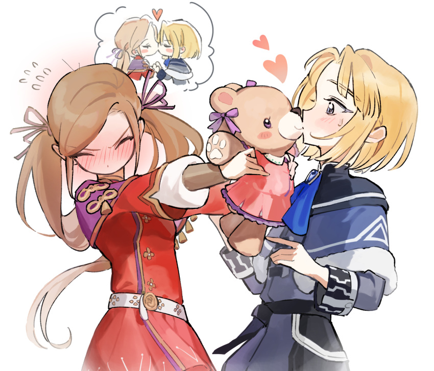 1boy, 1girl, arms_up, belt, blonde_hair, blue_eyes, blush, brown_hair