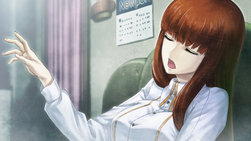 1girl, 2015, breasts, calendar_(object), collared_shirt, future_gadget_lab, game_cg, hand_up, highres, huke, indoors, long_hair, long_sleeves, non-web_source, official_art, pain, red_hair, ringed_eyes, shiina_kagari, shirt, small_breasts, solo, steins;gate, steins;gate_0, white_shirt, yellow_trim