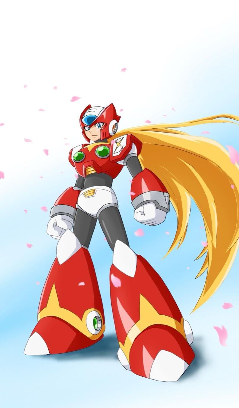 1boy, 6rockmantaro9, android, armor, blonde_hair, blue_eyes, cherry_blossoms, chest_jewel, clenched_hands, closed_mouth, forehead_jewel, from_below, full_body, gradient_background, helmet, highres, jewelry, long_hair, looking_at_viewer, mega_man_(series), mega_man_x_(series), ponytail, red_armor, red_helmet, robot, robot_ears, shoulder_armor, solo, standing, very_long_hair, zero_(mega_man)