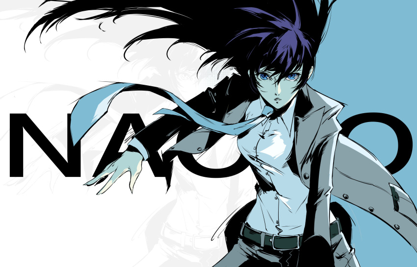 1girl, absurdres, alternate_hairstyle, arm_at_side, belt, black_hair, blazer, blue_background, blue_eyes, blue_hair, blue_necktie, character_name, coat, dress_shirt, english_text, facing_viewer, green_belt, grey_coat, grey_pants, hair_down, highres, jacket, junoracle, long_hair, looking_at_viewer, muted_color, necktie, open_clothes, open_coat, open_hand, outstretched_arm, pants, persona_x_detective, running, shirogane_naoto, shirt, shirt_tucked_in, spot_color, two-tone_background, white_background, white_shirt, wind