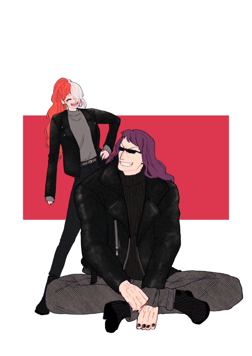 1boy, 1girl, ^_^, black_jacket, black_nails, black_socks, building_snake, closed_eyes