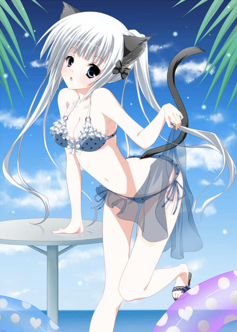bikini, blue_eyes, cat_ears, copyright_request, innertube, long_hair, ocean, sandals