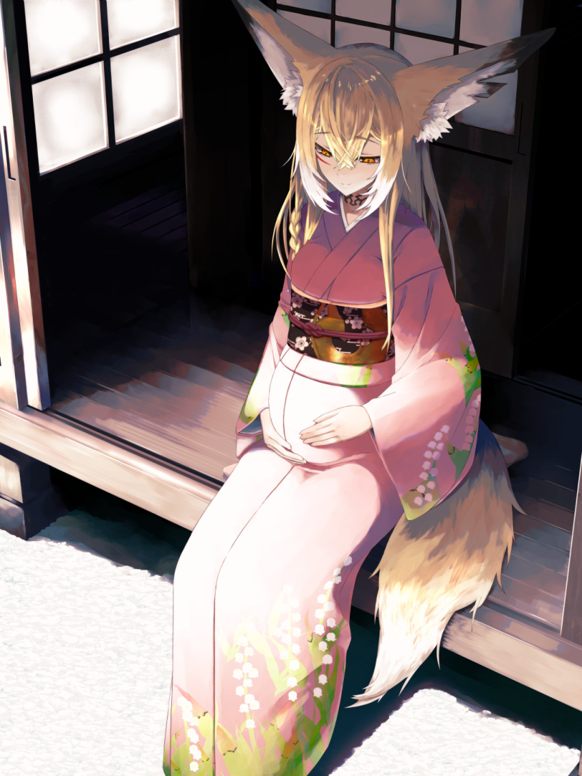 1girl, animal_ears, arknights, black_sash, blonde_hair, closed_mouth, fake_animal_ears, floral_print