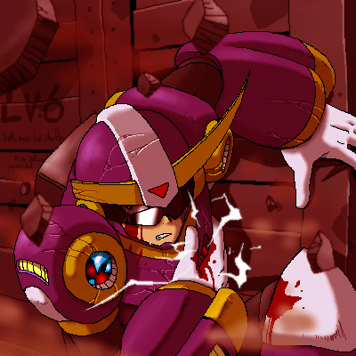 1boy, against_wall, ballade_(mega_man), blood, electricity, injury, lowres, mega_man_(classic)