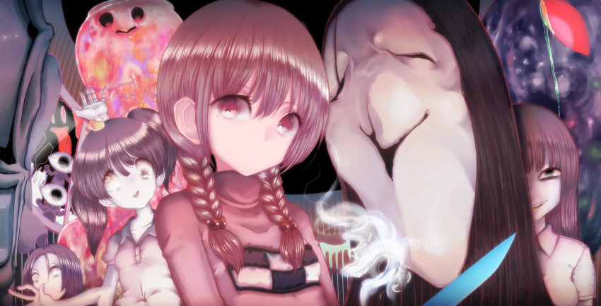 braid, brown_eyes, brown_hair, character_request, cream_(nipakupa), creepy, kasei-san, knife