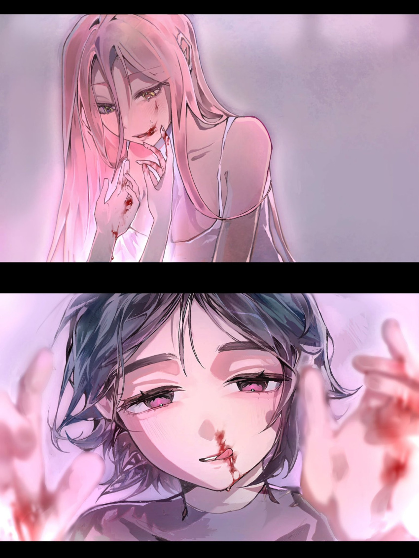 2girls, alien_stage, black_dress, black_hair, blood, blood_on_face, chinese_commentary, commentary_request