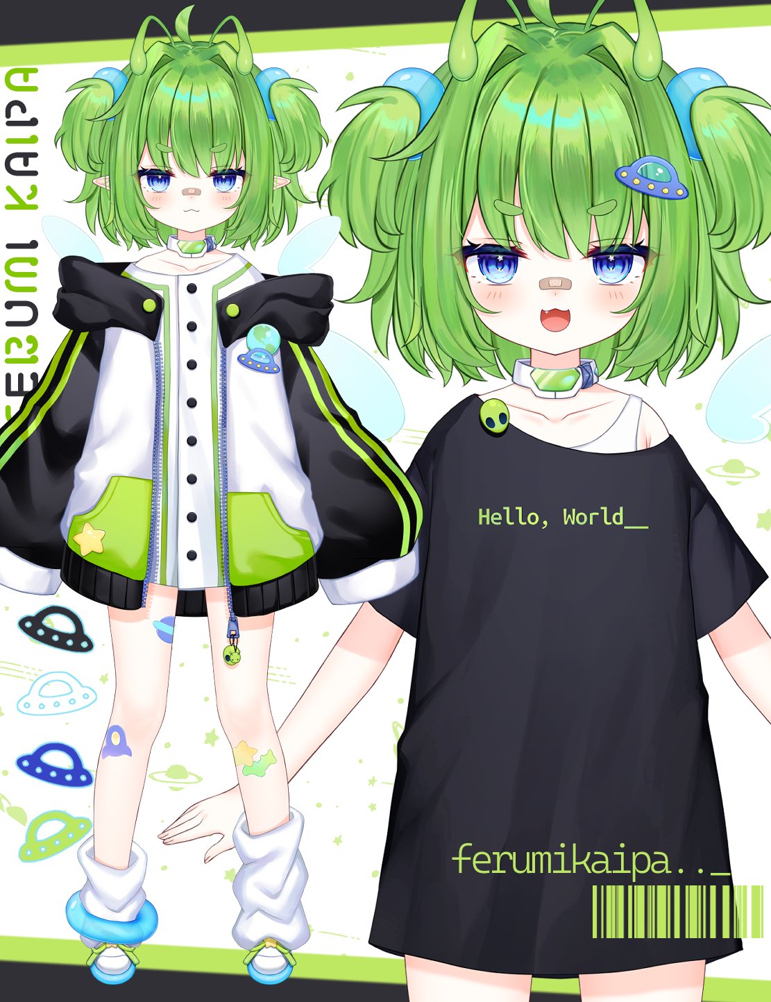 1girl, ahoge, alien, antennae, bandaid, bandaid_on_face, bandaid_on_nose, black_shirt, blue_eyes, choker, choppy_bangs, fang, ferumi_kaipa, full_body, green_hair, highres, hood, hooded_jacket, indie_virtual_youtuber, jacket, leg_warmers, medium_hair, official_art, open_mouth, pointy_ears, shirt, shoes, short_twintails, shouu-kun, sneakers, sports_bra, standing, star_(symbol), star_in_eye, sticker_on_leg, symbol_in_eye, thick_thighs, thighs, twintails, ufo, ufo_hair_ornament, virtual_youtuber, white_choker, white_leg_warmers, white_shirt, white_sports_bra