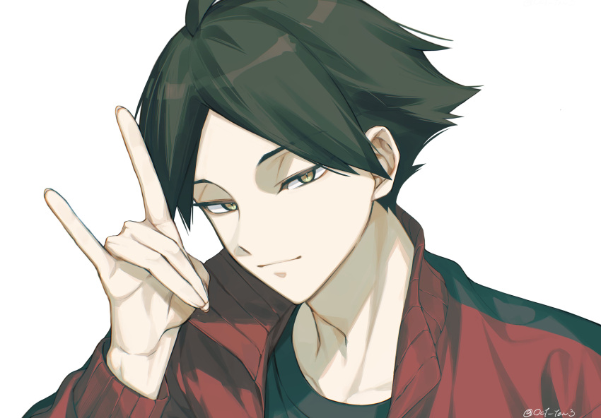 1boy, absurdres, ahoge, black_hair, black_shirt, closed_mouth, fox_shadow_puppet, haikyuu!!, highres, jacket, long_sleeves, looking_at_viewer, male_focus, oct_ten3, open_clothes, open_jacket, parted_bangs, shirt, short_hair, simple_background, slit_pupils, solo, suna_rintarou, track_jacket, twitter_username, white_background, yellow_eyes