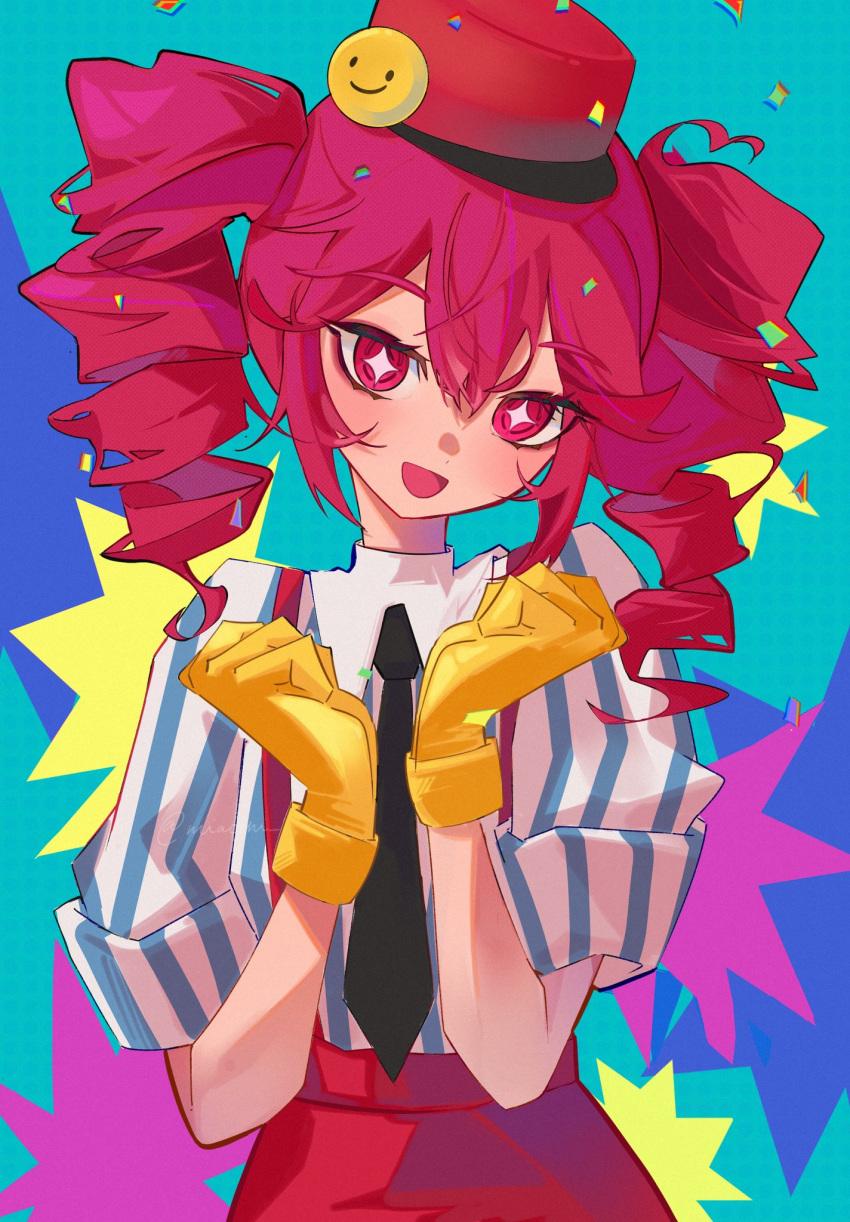 :d, alternate_costume, aqua_background, black_necktie, blue_background, blush, collared_shirt, confetti