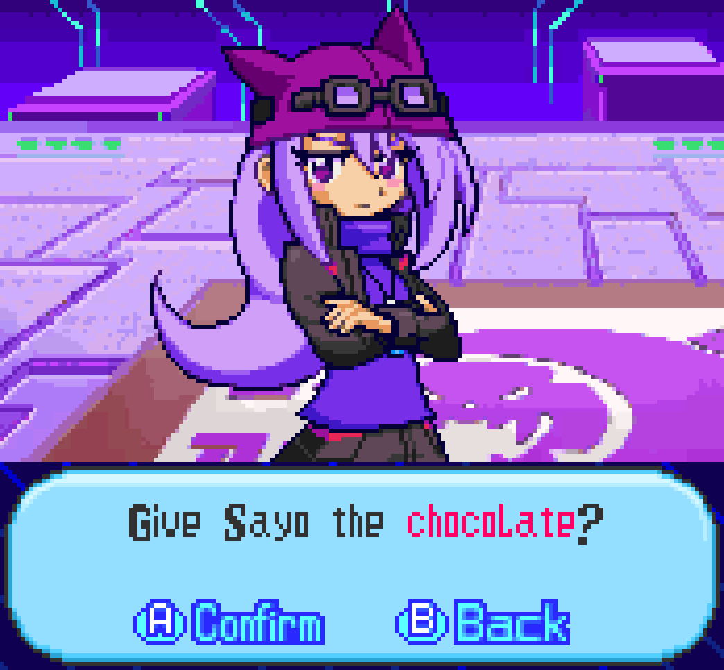 crossed_arms, digimon, digimon_story:_sunburst_and_moonlight, goggles, goggles_on_head, hat, jacket, long_hair, looking_at_viewer, plasmi, purple_hair, sayo_(digimon), skirt, sprite_art, violet_eyes