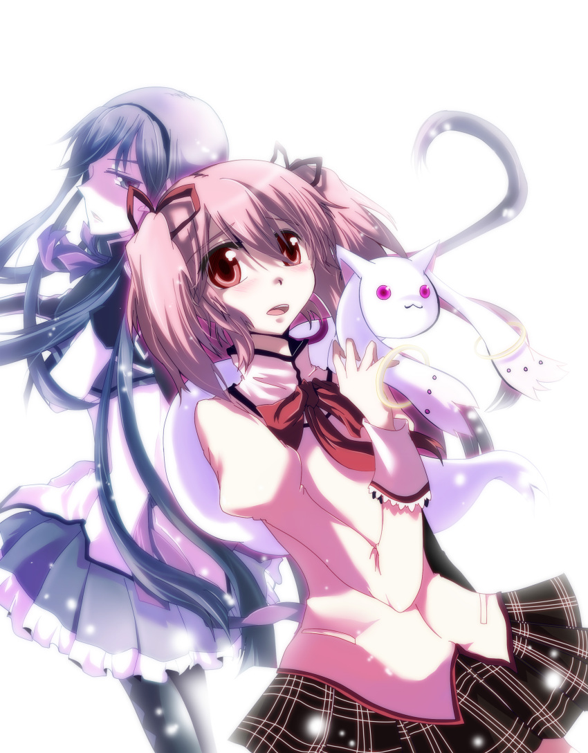 2girls, akemi_homura, back-to-back, bad_id, black_hair, blush, hair_ribbon, hairband, highres, ikihara@, kaname_madoka, kyubey, long_hair, looking_back, mahou_shoujo_madoka_magica, open_mouth, pantyhose, pink_hair, purple_eyes, school_uniform, short_hair, short_twintails, skirt, twintails, yuasa_shion