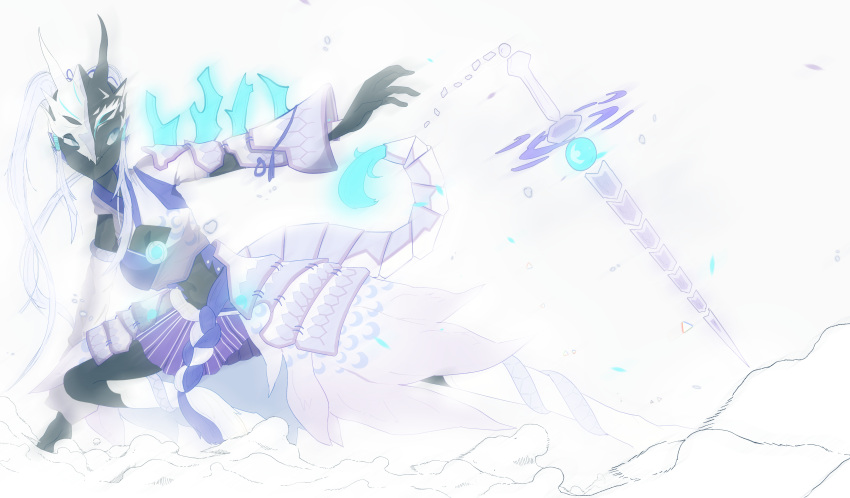 1girl, absurdres, armor, black_helmet, blue_trim, blurry, blurry_background, blurry_edges, blurry_foreground, colored_skin, dappled_sunlight, dragon_horns, dragon_tail, dress, dropping, duel_monster, facing_to_the_side, fake_horns, foreshortening, grey_eyes, helmet, highres, horned_headwear, horns, japanese_clothes, kimono, knee_up, leg_armor, light_particles, long_hair, looking_to_the_side, motion_blur, muted_color, open_hand, outstretched_arm, partially_colored, pleated_skirt, purple_skirt, purple_trim, running, shoulder_armor, skirt, spot_color, sunlight, sword, swordsoul_of_mo_ye, tail, throwing, turning_head, two-tone_dress, water, water_drop, weapon, white_armor, white_background, white_hair, white_helmet, white_kimono, xetsumei, yu-gi-oh!