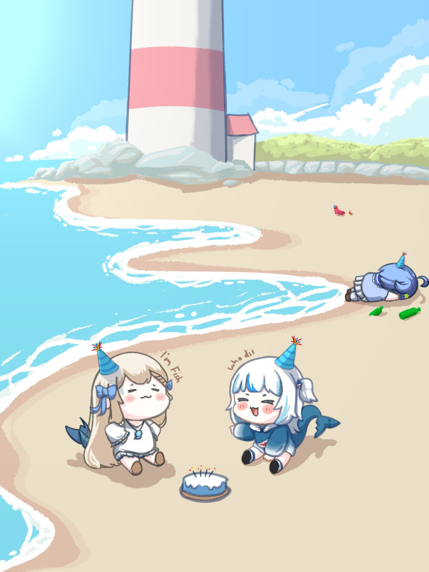 3girls, :3, ahoge, animal, animal_costume, birthday_cake, blonde_hair, blue_hair